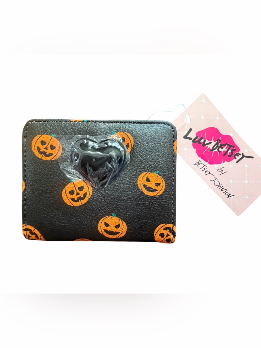 Betsey Johnson Kitsch Black Card Wallet with Orange Pumpkin Print